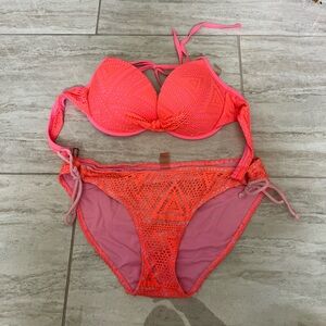 Neon Coral Crochet Bikini Set